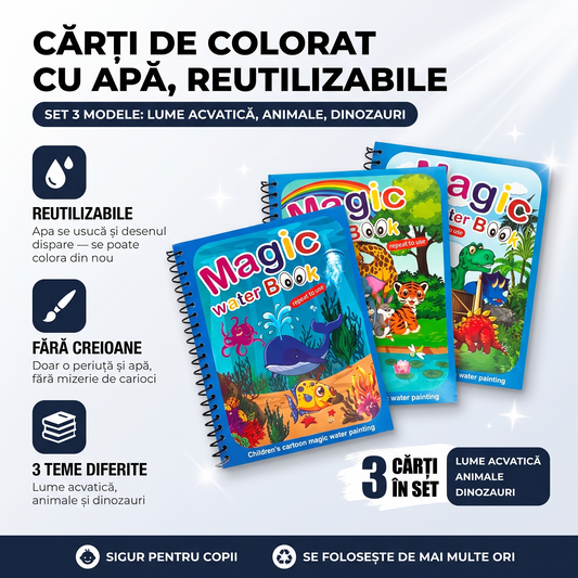 Set 3 Carti Magice Reutilizabile de Colorat cu Apa